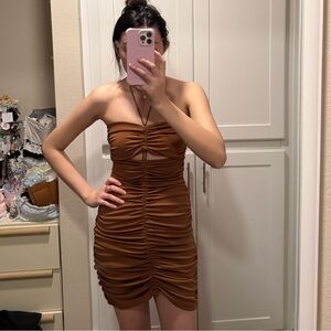Zara Strapless Ruched Brown Dress